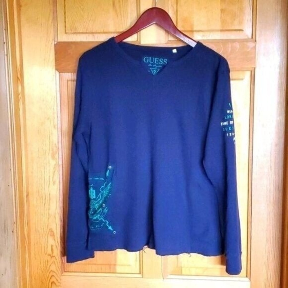 Guess Kids Navy Blue Waffle Knit Long Sleeve Thermal Graphic Shirt XL 20